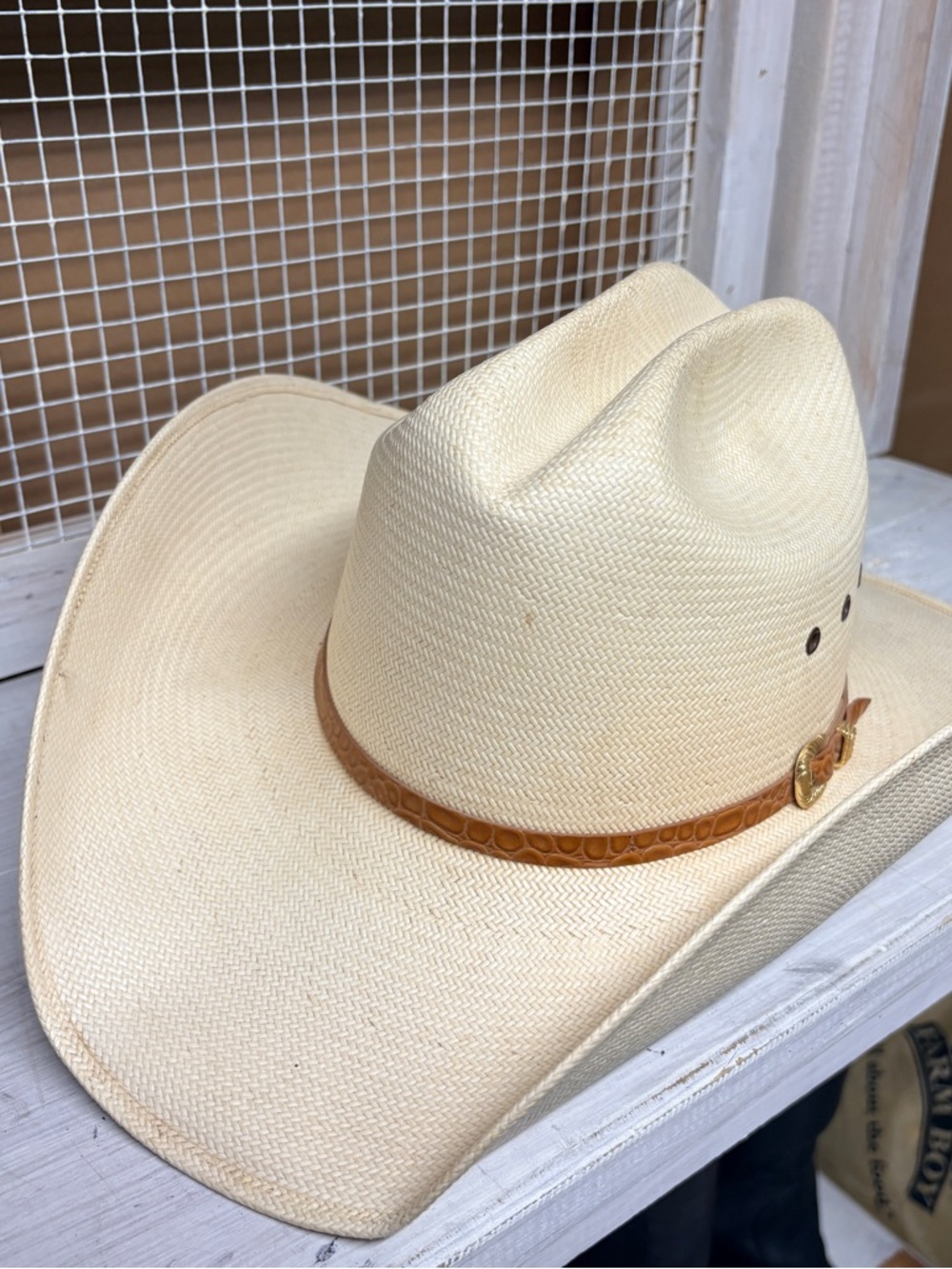 6 7/8 55 Western Cowboy Hat by Milano Hat Company Ivory Straw, Made In Texas